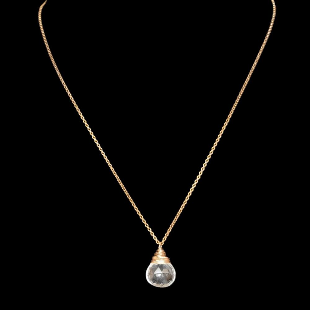 Faux Crystal Quartz Necklace Wire Wrapped Pendant Copper-tone 18" Boho Retro